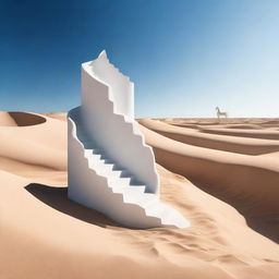 A surreal image of a white helical staircase rising from the middle of a vast desert