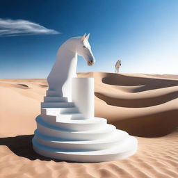 A surreal image of a white helical staircase rising from the middle of a vast desert