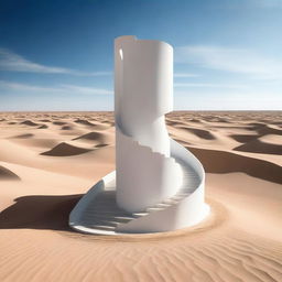 A surreal image of a white helical staircase rising from the middle of a vast desert