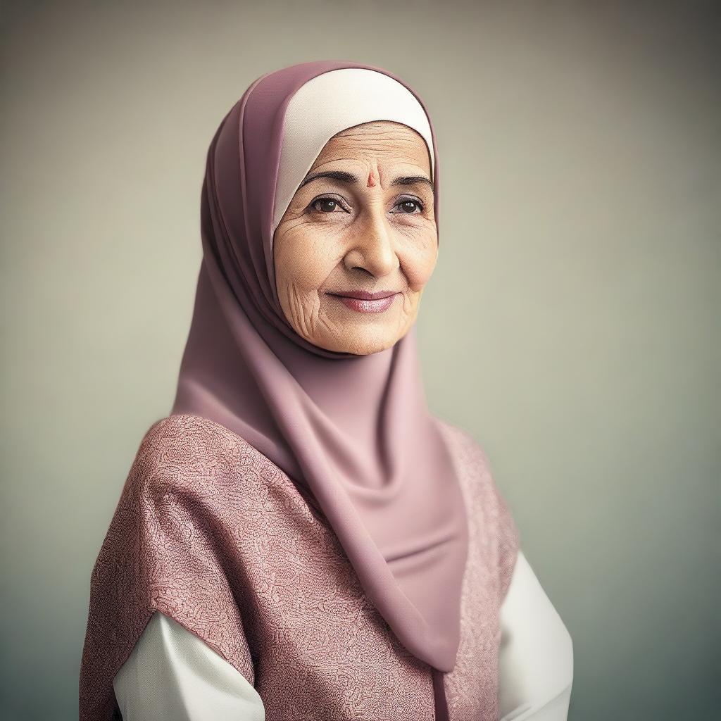 An elderly woman wearing a hijab, depicted in a respectful and dignified manner