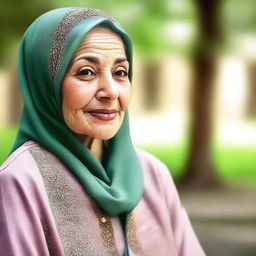 An elderly woman wearing a hijab, depicted in a respectful and dignified manner