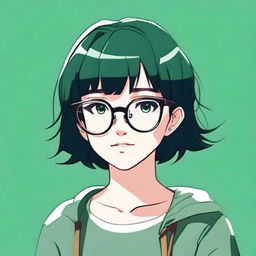 An anime-style illustration of a girl with short black hair, wearing glasses with transparent color frames