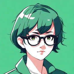 An anime-style illustration of a girl with short black hair, wearing glasses with transparent color frames