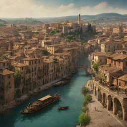 A captivating depiction of Italy under a steampunk influence, showcasing Rome with its ancient ruins meshed with Victorian machinery, the rolling hills of Tuscany punctuated by steam-powered vineyards, and Venice's Canale Grande animated by antique steam gondolas.