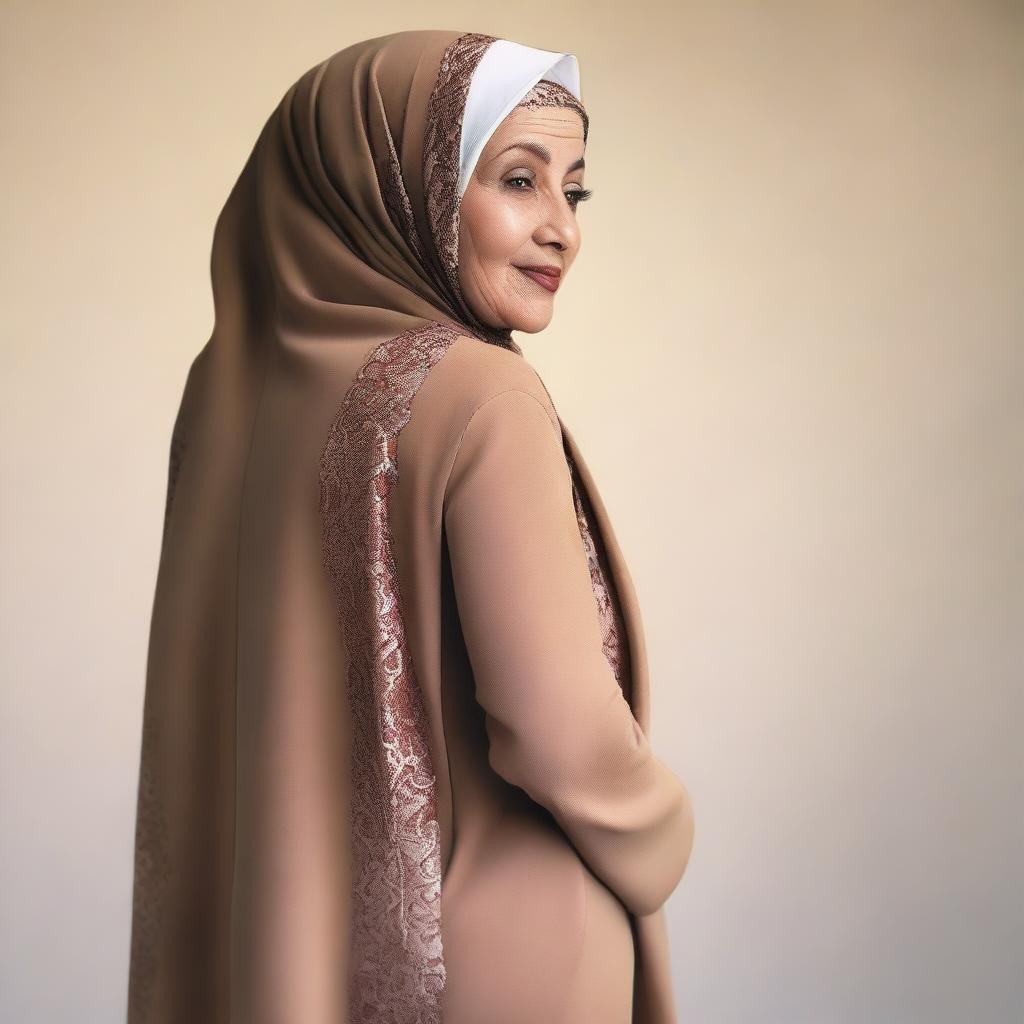 An elderly woman wearing a hijab, posing with a seductive look and flaunting her large posterior