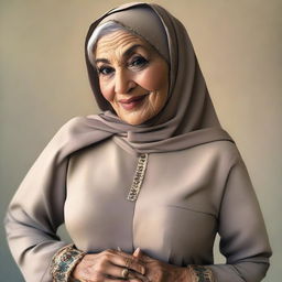 An elderly woman wearing a hijab, posing with a seductive look and flaunting her large posterior