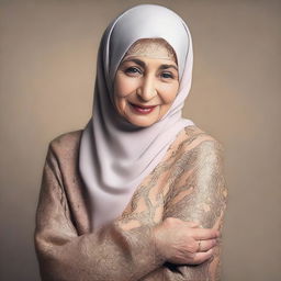 An elderly woman wearing a hijab, posing with a seductive look and flaunting her large posterior