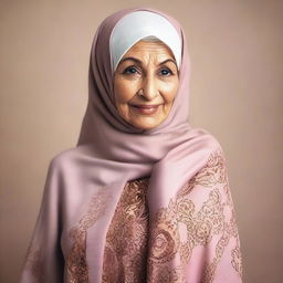 An elderly woman wearing a hijab, posing with a seductive look and flaunting her large posterior