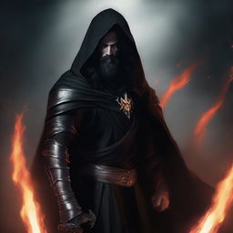 A human man with long black hair and a beard, wearing black robes and armor, and a hood