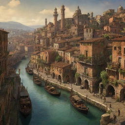 A captivating depiction of Italy under a steampunk influence, showcasing Rome with its ancient ruins meshed with Victorian machinery, the rolling hills of Tuscany punctuated by steam-powered vineyards, and Venice's Canale Grande animated by antique steam gondolas.