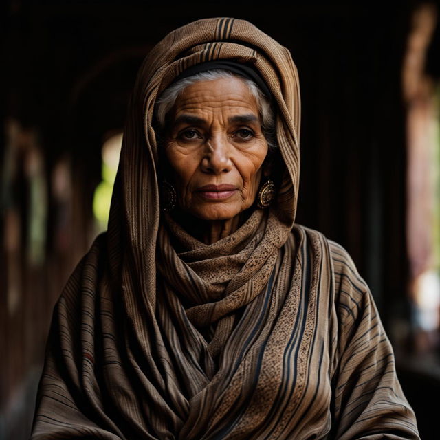 An image of an elderly woman wearing a hijab in traditional attire, focusing on dignity, grace, and cultural heritage