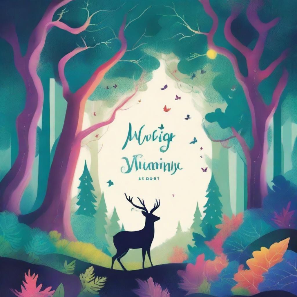 A captivating book cover featuring an enchanting forest with magical creatures, vibrant colors, and a sense of mystery