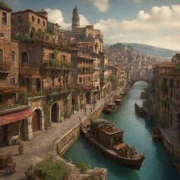 A captivating depiction of Italy under a steampunk influence, showcasing Rome with its ancient ruins meshed with Victorian machinery, the rolling hills of Tuscany punctuated by steam-powered vineyards, and Venice's Canale Grande animated by antique steam gondolas.