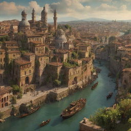 A captivating depiction of Italy under a steampunk influence, showcasing Rome with its ancient ruins meshed with Victorian machinery, the rolling hills of Tuscany punctuated by steam-powered vineyards, and Venice's Canale Grande animated by antique steam gondolas.