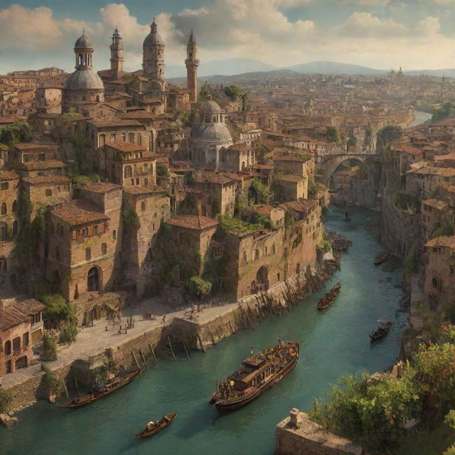 A captivating depiction of Italy under a steampunk influence, showcasing Rome with its ancient ruins meshed with Victorian machinery, the rolling hills of Tuscany punctuated by steam-powered vineyards, and Venice's Canale Grande animated by antique steam gondolas.