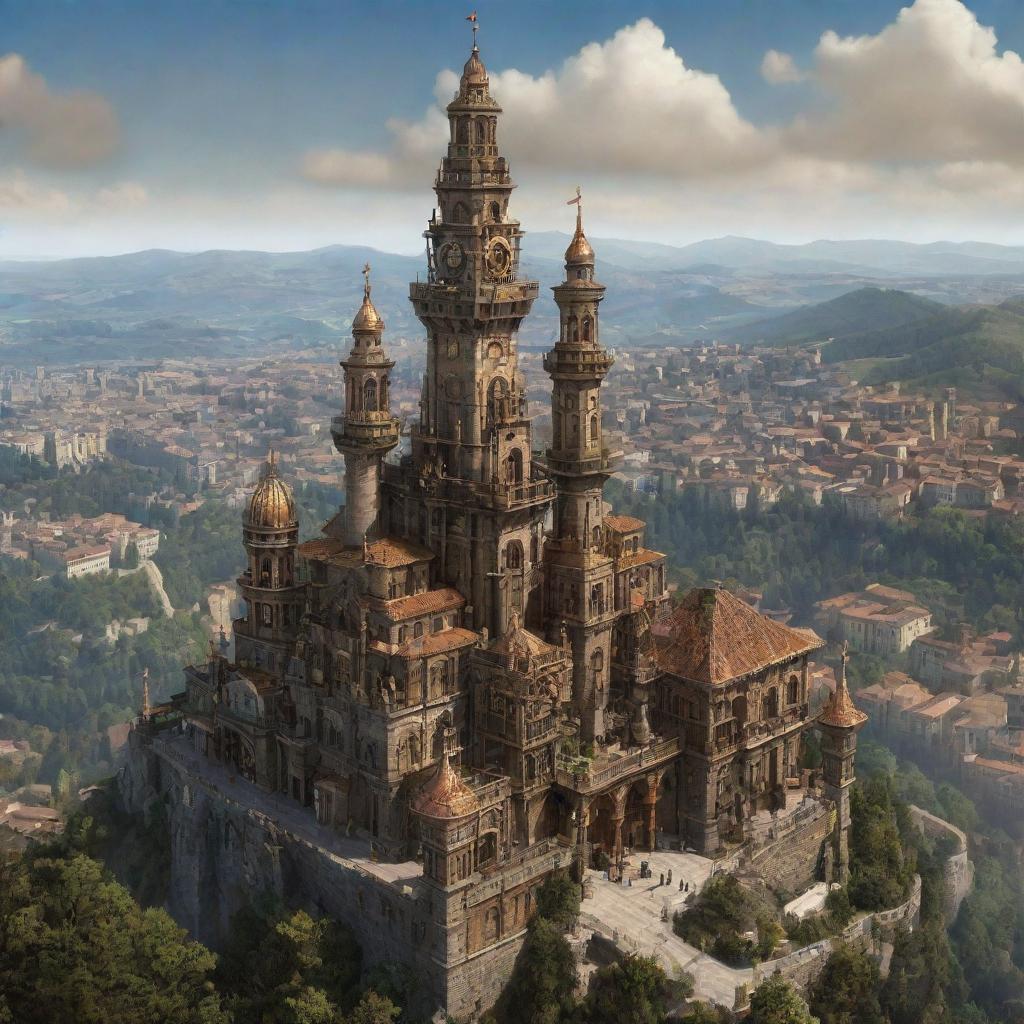 A rendering of San Marino infused with a steampunk aesthetic, featuring the cityscape integrated with antique, bronze machinery, the Three Towers elevated with ornate gears, and the rolling hills enriched with steam-powered elements.