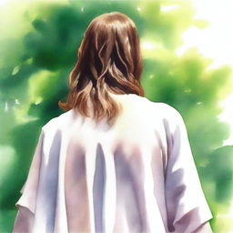 Create a realistic watercolor drawing of Jesus viewed from the back