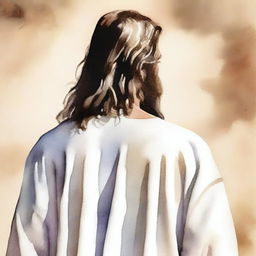 Create a realistic watercolor drawing of Jesus viewed from the back