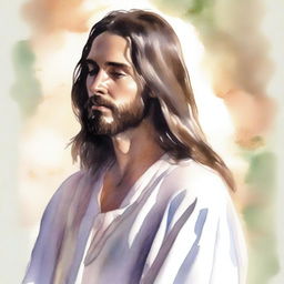 Create a realistic watercolor drawing of Jesus viewed from the back