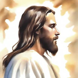 Create a realistic watercolor drawing of Jesus viewed from the back