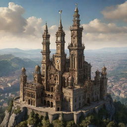 A rendering of San Marino infused with a steampunk aesthetic, featuring the cityscape integrated with antique, bronze machinery, the Three Towers elevated with ornate gears, and the rolling hills enriched with steam-powered elements.