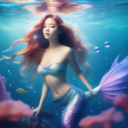 A beautiful and alluring mermaid with flowing hair and a shimmering tail, posing seductively underwater