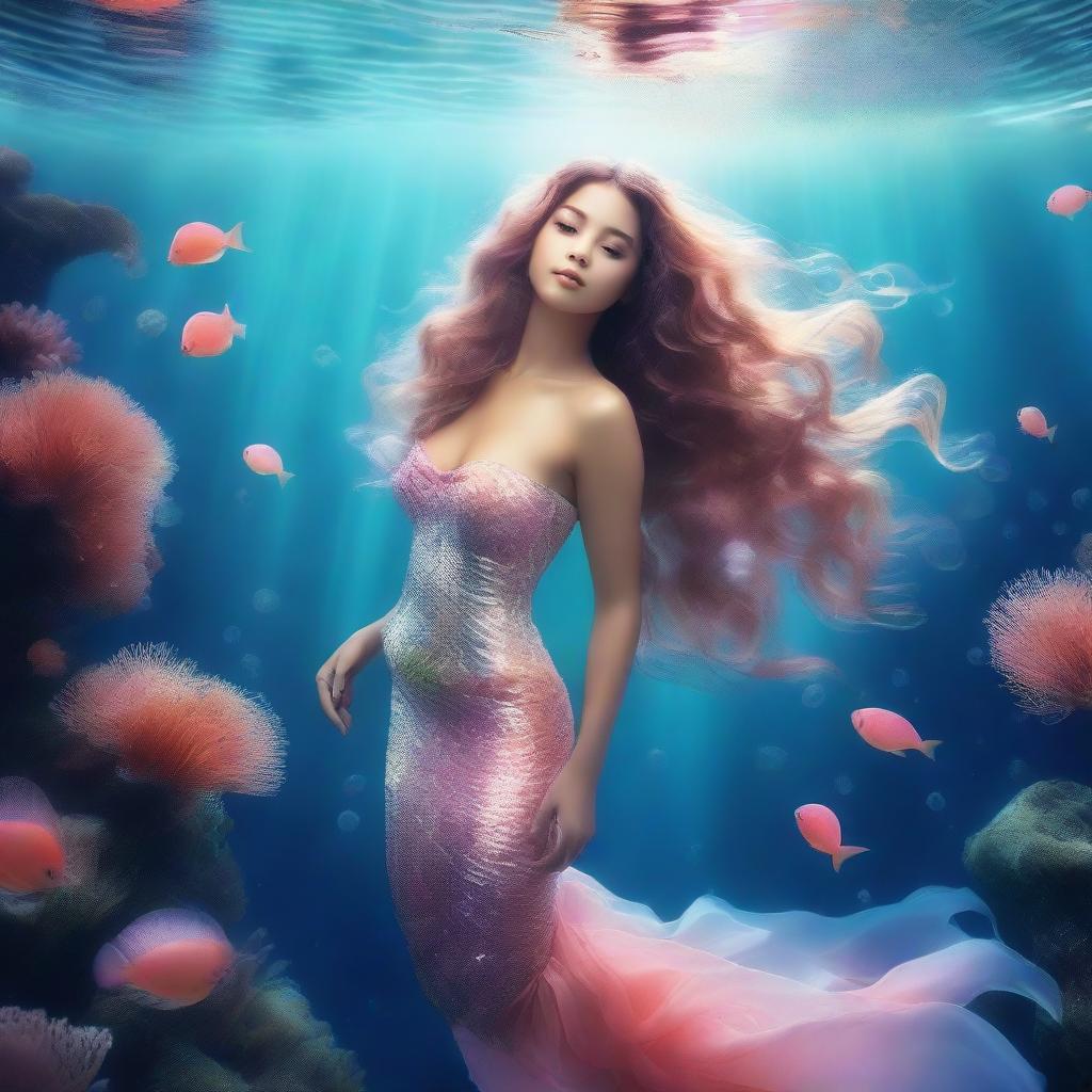 A beautiful and alluring mermaid with flowing hair and a shimmering tail, posing seductively underwater