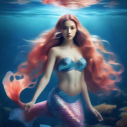 A beautiful and alluring mermaid with flowing hair and a shimmering tail, posing seductively underwater