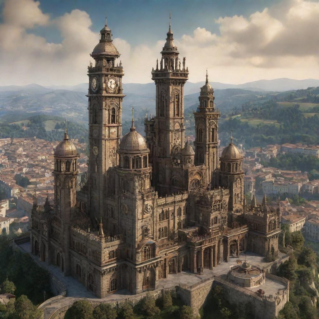 A rendering of San Marino infused with a steampunk aesthetic, featuring the cityscape integrated with antique, bronze machinery, the Three Towers elevated with ornate gears, and the rolling hills enriched with steam-powered elements.