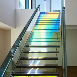 A dazzling glass staircase, catching and reflecting sunlight, creating a spectacle of multi-hued refractions.