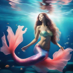 A beautiful and alluring mermaid with flowing hair and a shimmering tail, posing seductively underwater