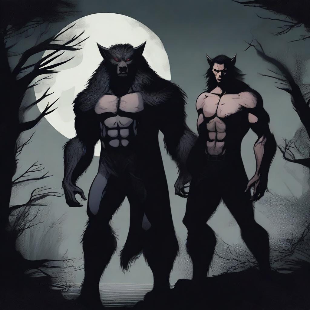 Depiction of a werewolf and a vampire standing together