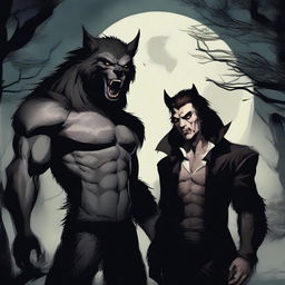 Depiction of a werewolf and a vampire standing together