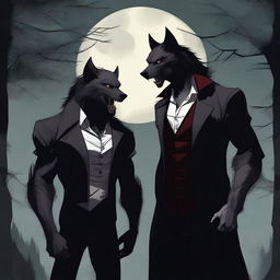 Depiction of a werewolf and a vampire standing together