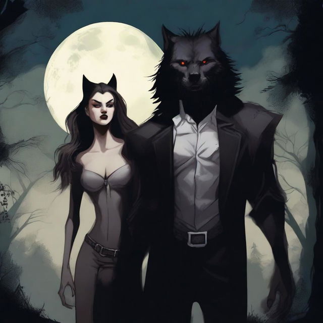 Depiction of a werewolf and a vampire standing together