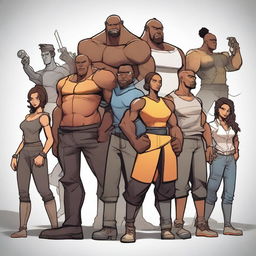 Depiction of a team of characters, each with unique abilities and appearances, working together