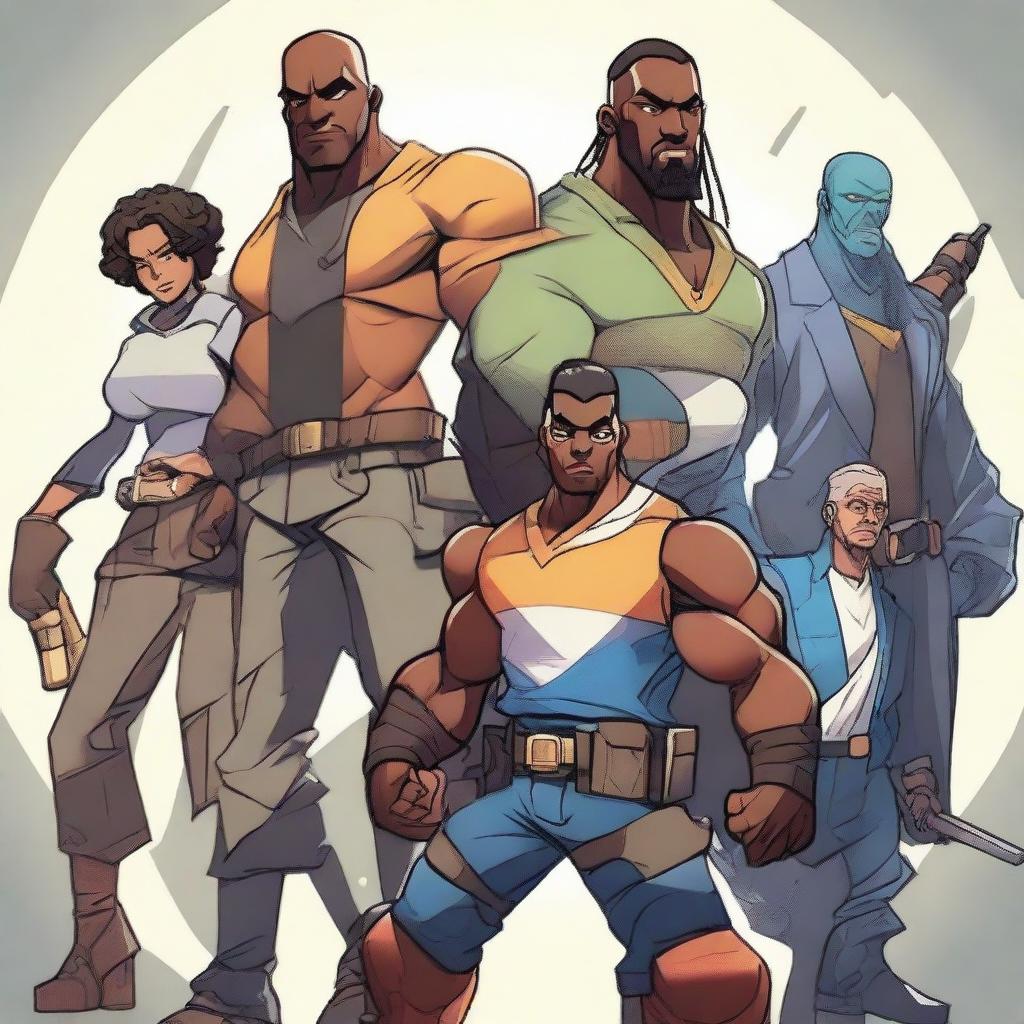 Depiction of a team of characters, each with unique abilities and appearances, working together