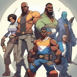 Depiction of a team of characters, each with unique abilities and appearances, working together