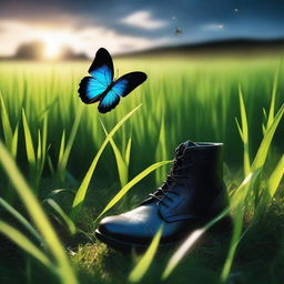 A dark, thick grass field with a boot print on it, and a glowing butterfly nearby, illuminating the scene with a soft light