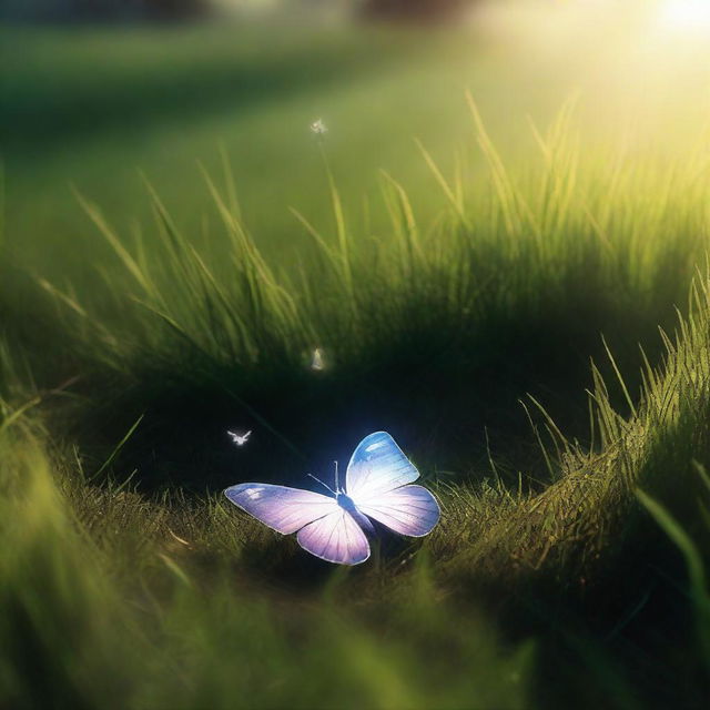 A dark, thick grass field with a boot print on it, and a glowing butterfly nearby, illuminating the scene with a soft light