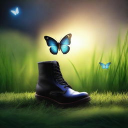 A dark, thick grass field with a boot print on it, and a glowing butterfly nearby, illuminating the scene with a soft light