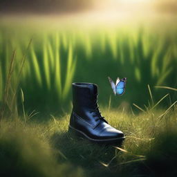 A dark, thick grass field with a boot print on it, and a glowing butterfly nearby, illuminating the scene with a soft light