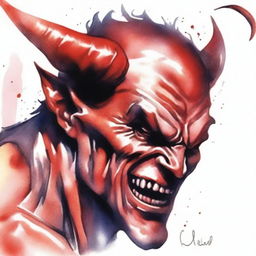 Create a realistic watercolor drawing of the devil laughing, shown in profile