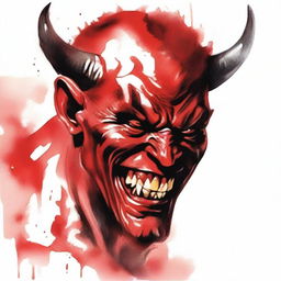 Create a realistic watercolor drawing of the devil laughing, shown in profile