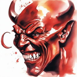 Create a realistic watercolor drawing of the devil laughing, shown in profile