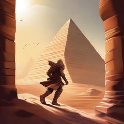 A brave adventurer is seen escaping from an ancient pyramid