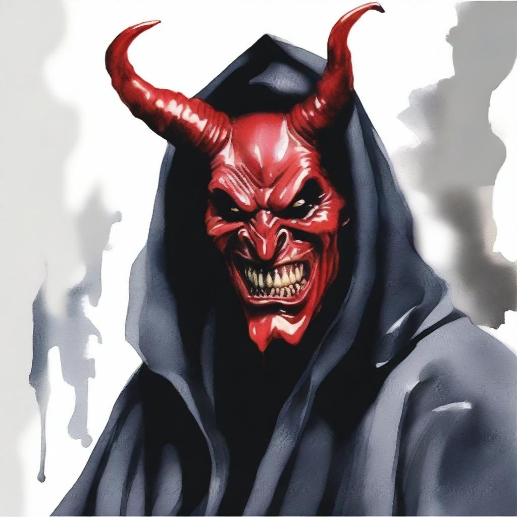 Create a realistic watercolor drawing of the devil in a black robe, laughing