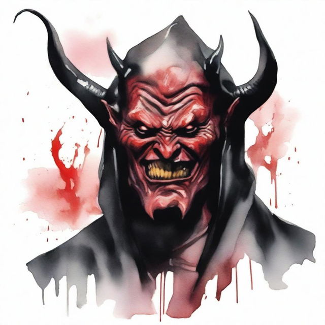 Create a realistic watercolor drawing of the devil in a black robe, laughing