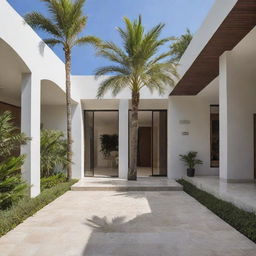 A luxurious entrance to a residence with a palm tree piercing through the first roof slab and extending to the second floor.