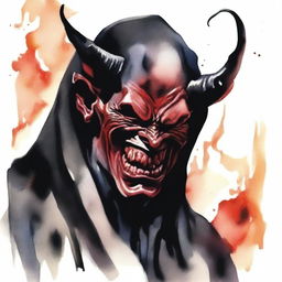 Create a realistic watercolor drawing of the devil in a black robe, laughing